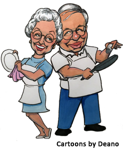 Caricature of Mom cleaning dishes and Dad cooking