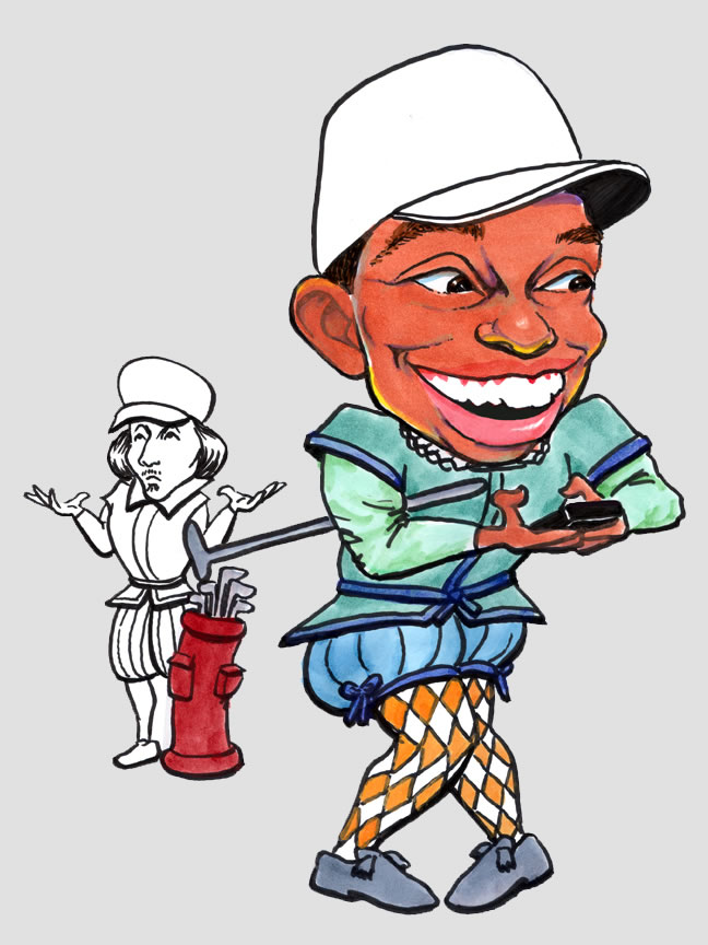 Tiger Woods as a Renaissance-era golfer texting with incredulous caddie in the background